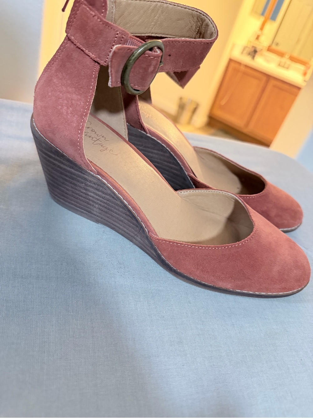 Crown Vintage Rose Suede Ankle-Strap Wedge Pumps